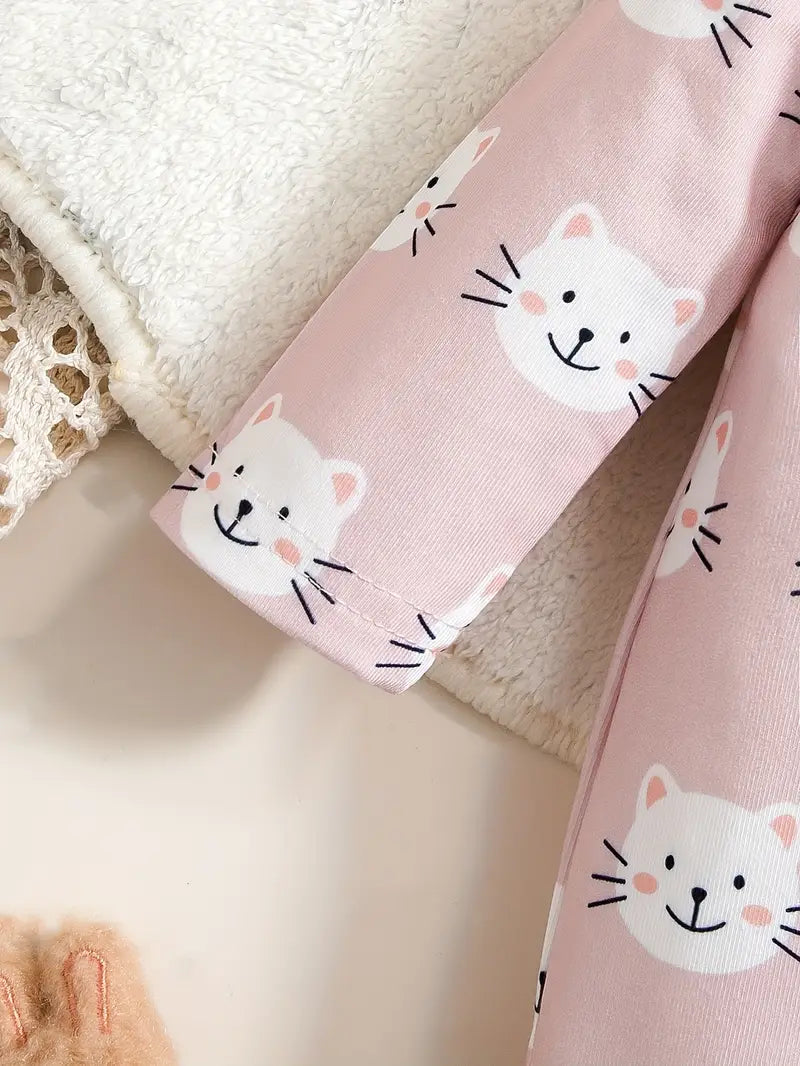 Adorable Pink Cat Print Baby Girl Onesie