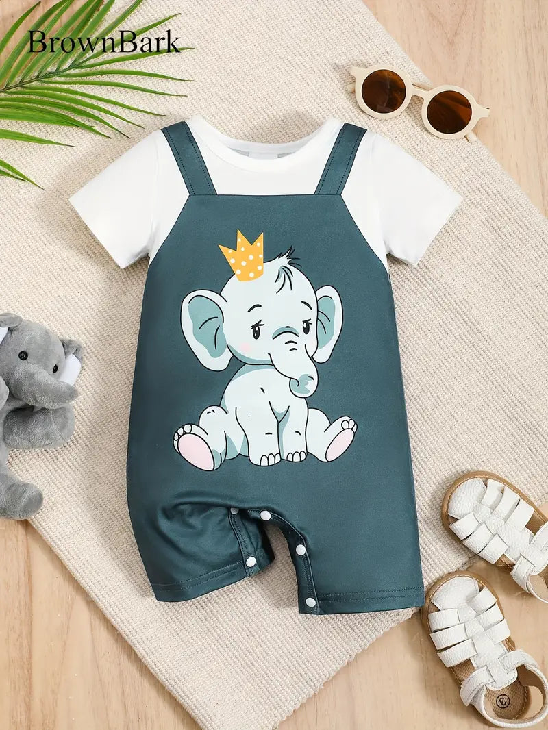 Elephant Print Faux Stitching Short Sleeve Flat Angle Body Suit