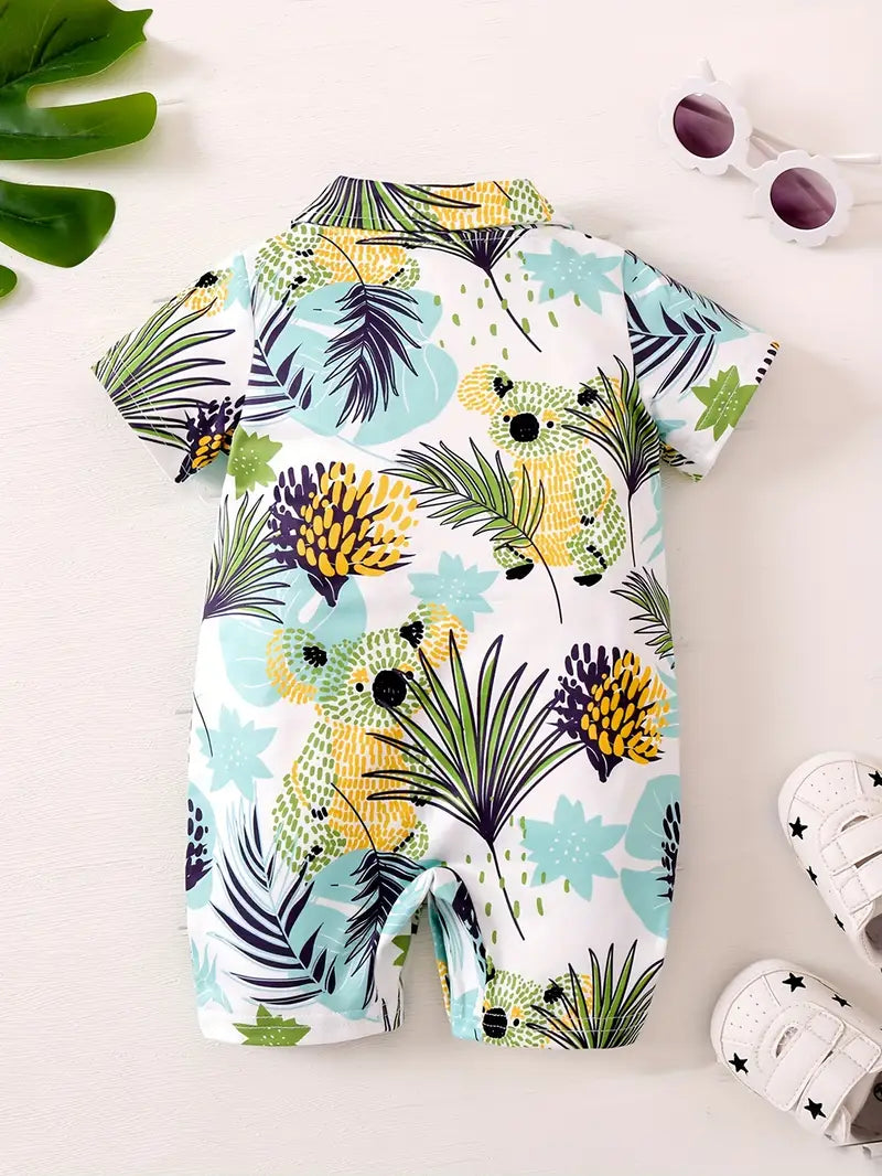 Graphic Turndown Collar One-piece Romper