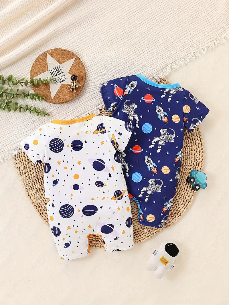 2pcs Cool Galaxy & Astronaut Print Baby Boy Rompers