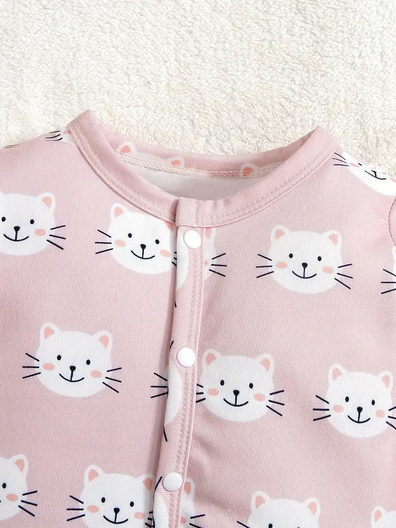 Adorable Pink Cat Print Baby Girl Onesie