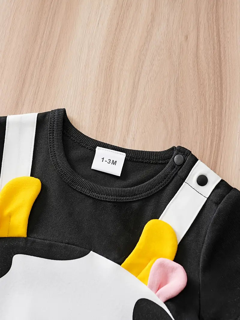 Newborn Short Sleeve Fake 2pcs Snap Crotch Ears Cute Cow Romper