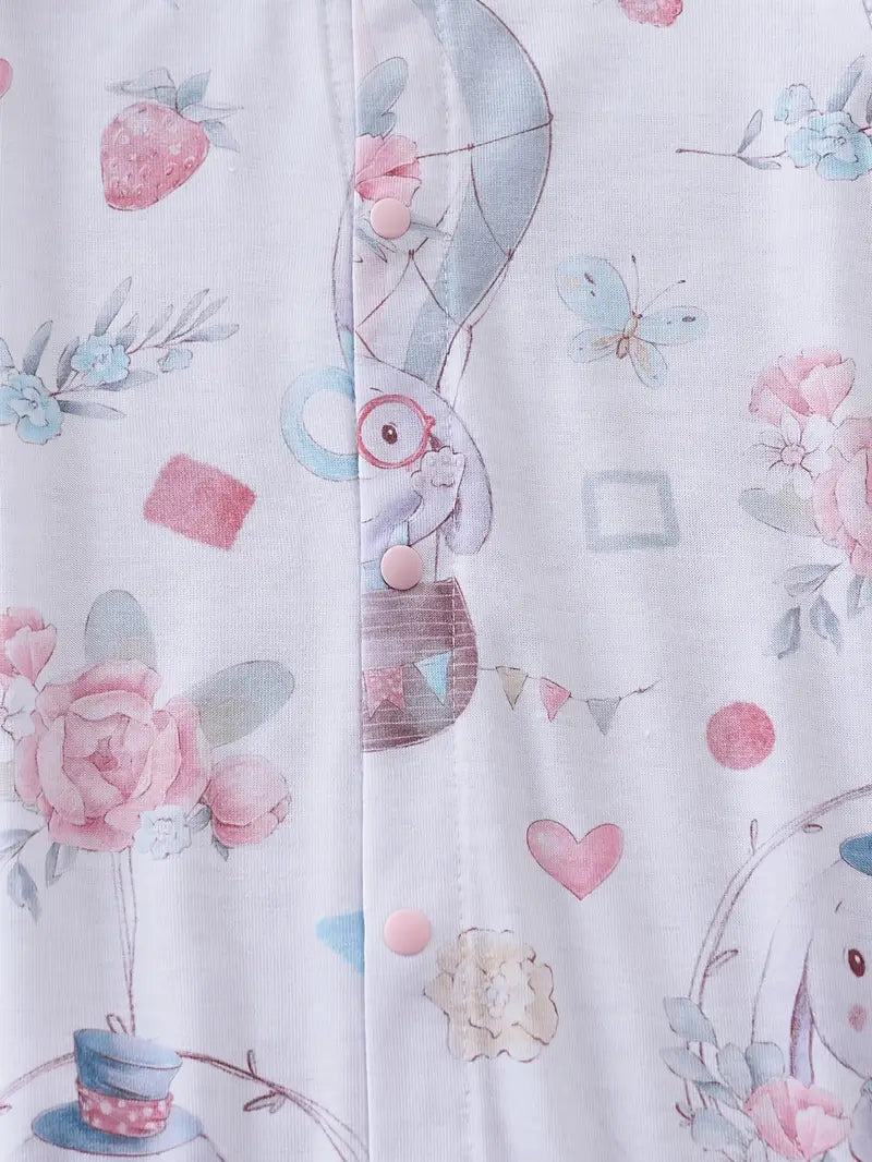 Baby Girl's Summer Romper - Cute Cartoon Rabbit & Floral Print with Flared Sleeves