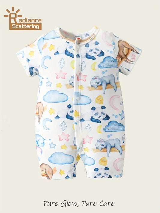Cute Animal Print with Stars & Clouds, Soft Short-Sleeve Romper