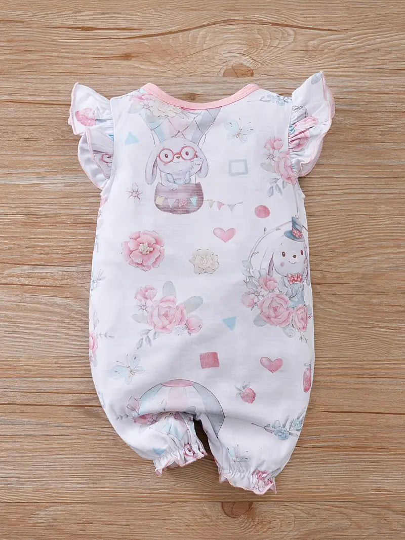 Baby Girl's Summer Romper - Cute Cartoon Rabbit & Floral Print with Flared Sleeves