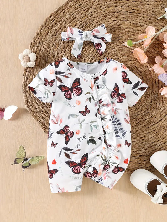Adorable Butterfly Print Short-Sleeve Romper for Baby