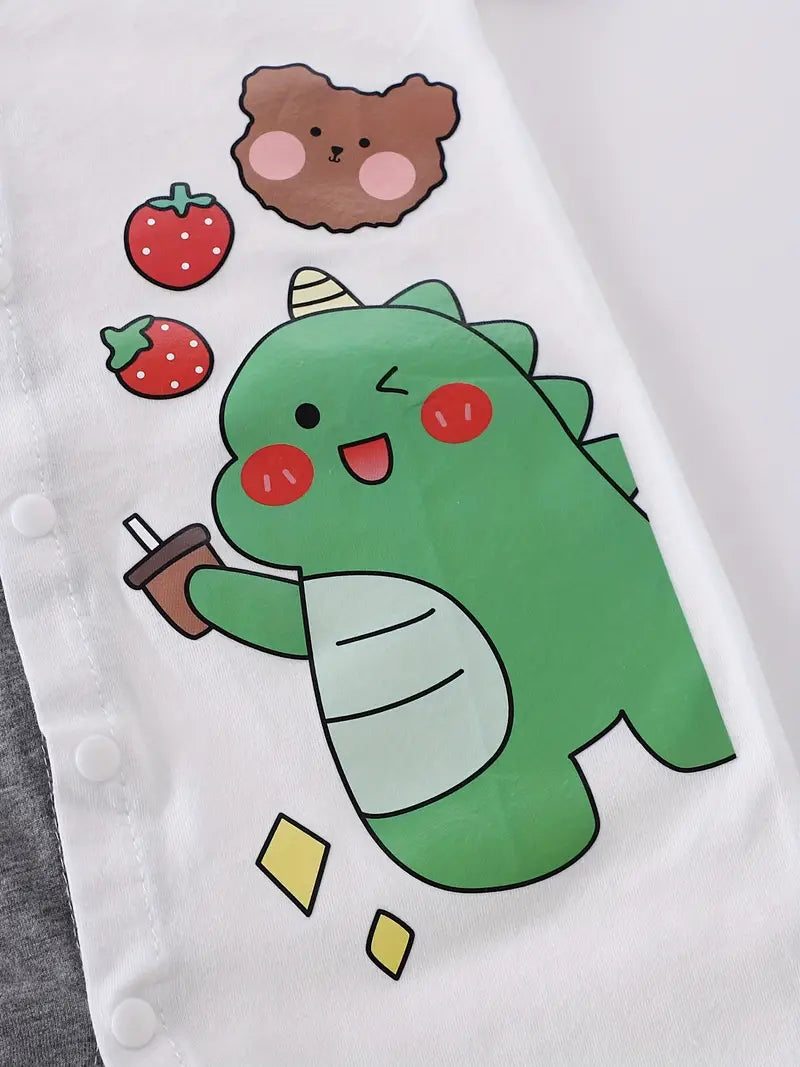2pcs Short Sleeve, Summer, Cute Dinosaur and Elephant Pattern
