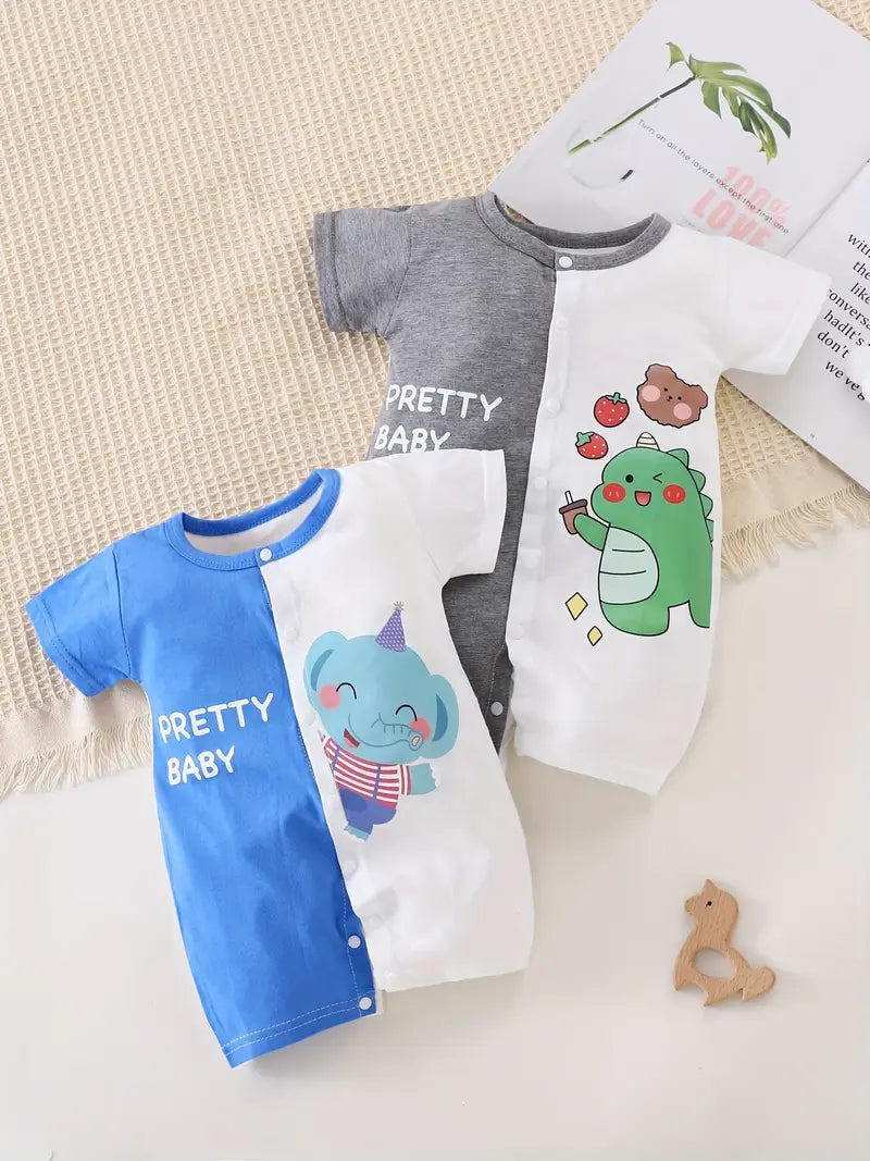 2pcs Short Sleeve, Summer, Cute Dinosaur and Elephant Pattern