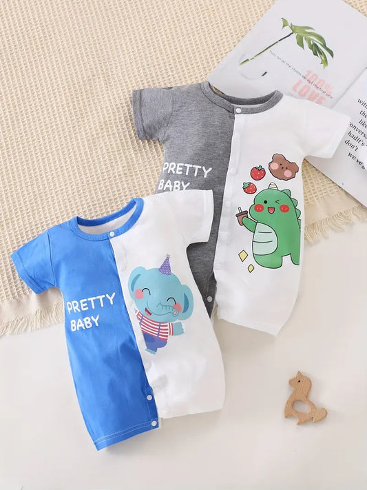 2pcs Short Sleeve, Summer, Cute Dinosaur and Elephant Pattern