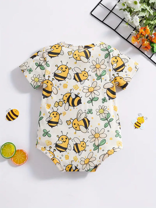 Adorable Bee & Daisy Print Baby Bodysuit - Soft, Breathable, and Comfortable
