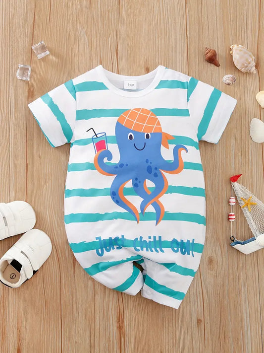 Cute Octopus Graphic Print Short Sleeve Romper Jumpsuit