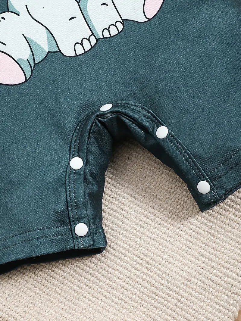 Elephant Print Faux Stitching Short Sleeve Flat Angle Body Suit