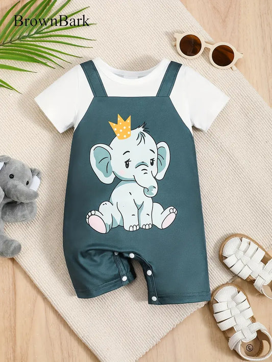 Elephant Print Faux Stitching Short Sleeve Flat Angle Body Suit
