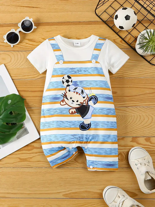 Summer Cartoon Animal Print Short-Sleeve Romper & Diaper Cover Set