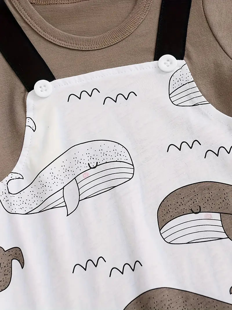 Whale Cartoon Print Overalls for Baby Boys