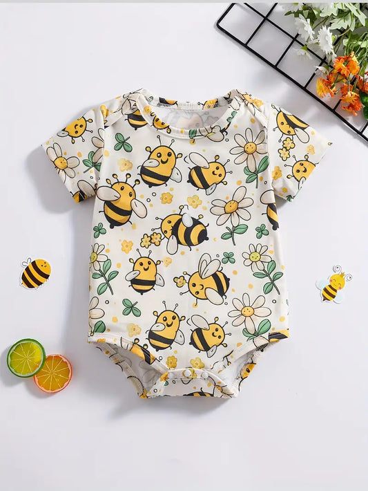 Adorable Bee & Daisy Print Baby Bodysuit - Soft, Breathable, and Comfortable