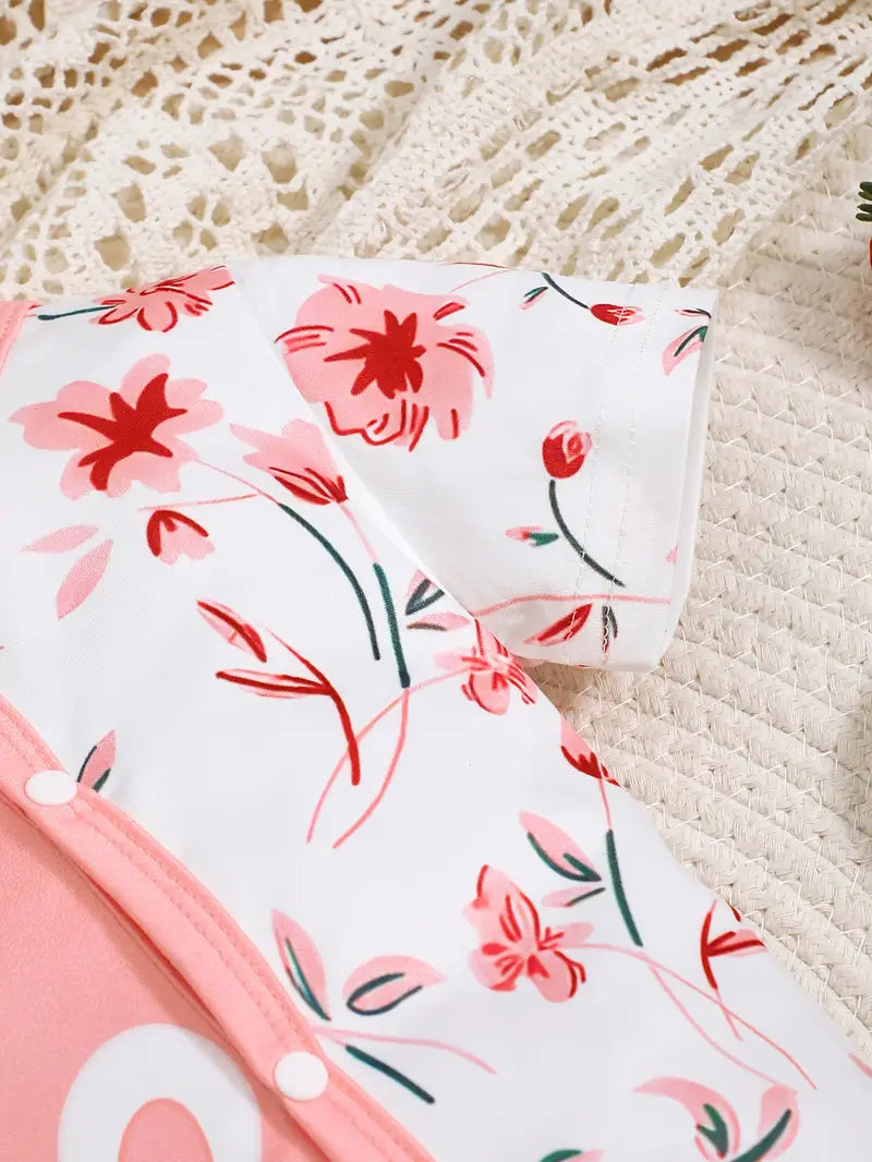 Cute Pink Floral Print Zipper Jumpsuit with Short Sleeves