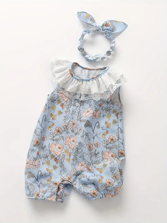 2pcs Summer Girls' Romper & Headband Set