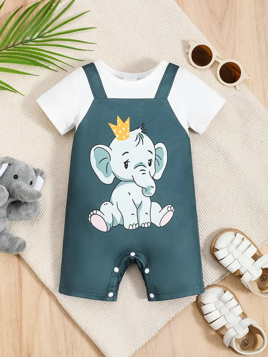 Elephant Print Faux Stitching Short Sleeve Flat Angle Body Suit