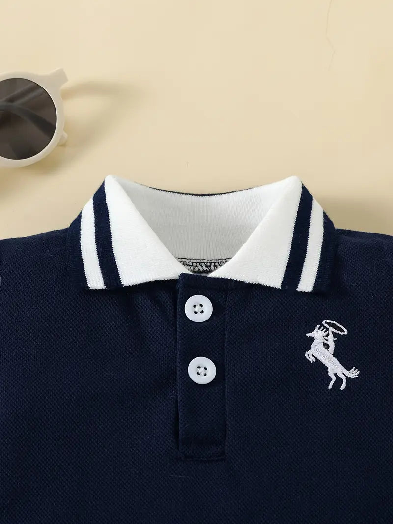oys' Navy Blue Collar Jumpsuit with Embroidered Logo & Color Block Design