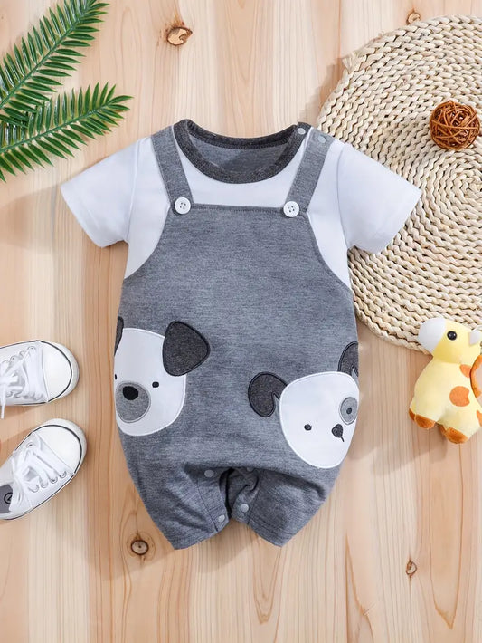 Baby Boys' Summer Short Sleeve Romper - Cute Cartoon Dog Applique & Embroidery