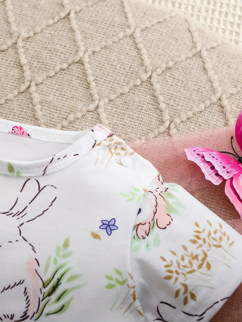 Adorable Bunny & Butterfly Cartoon Print Baby Bodysuit