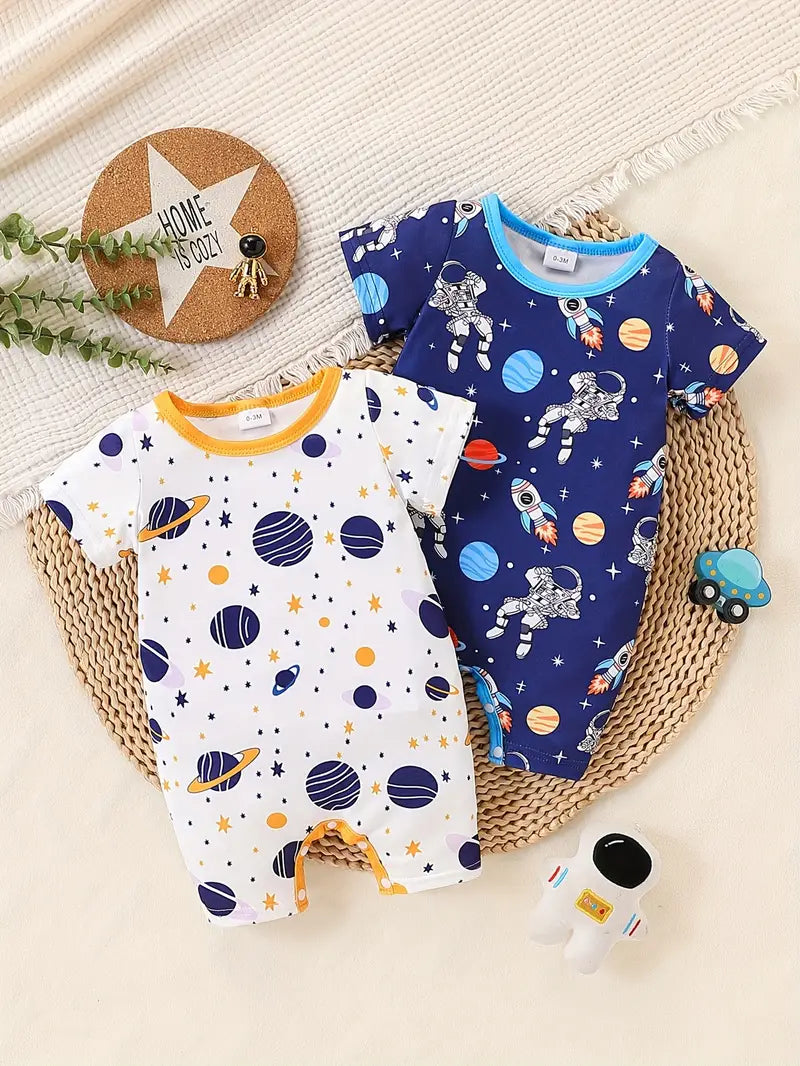 2pcs Cool Galaxy & Astronaut Print Baby Boy Rompers