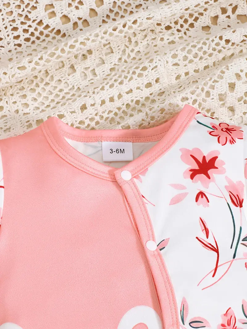 Cute Pink Floral Print Zipper Jumpsuit with Short Sleeves