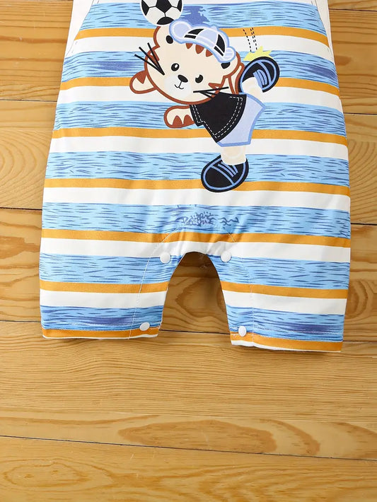 Summer Cartoon Animal Print Short-Sleeve Romper & Diaper Cover Set