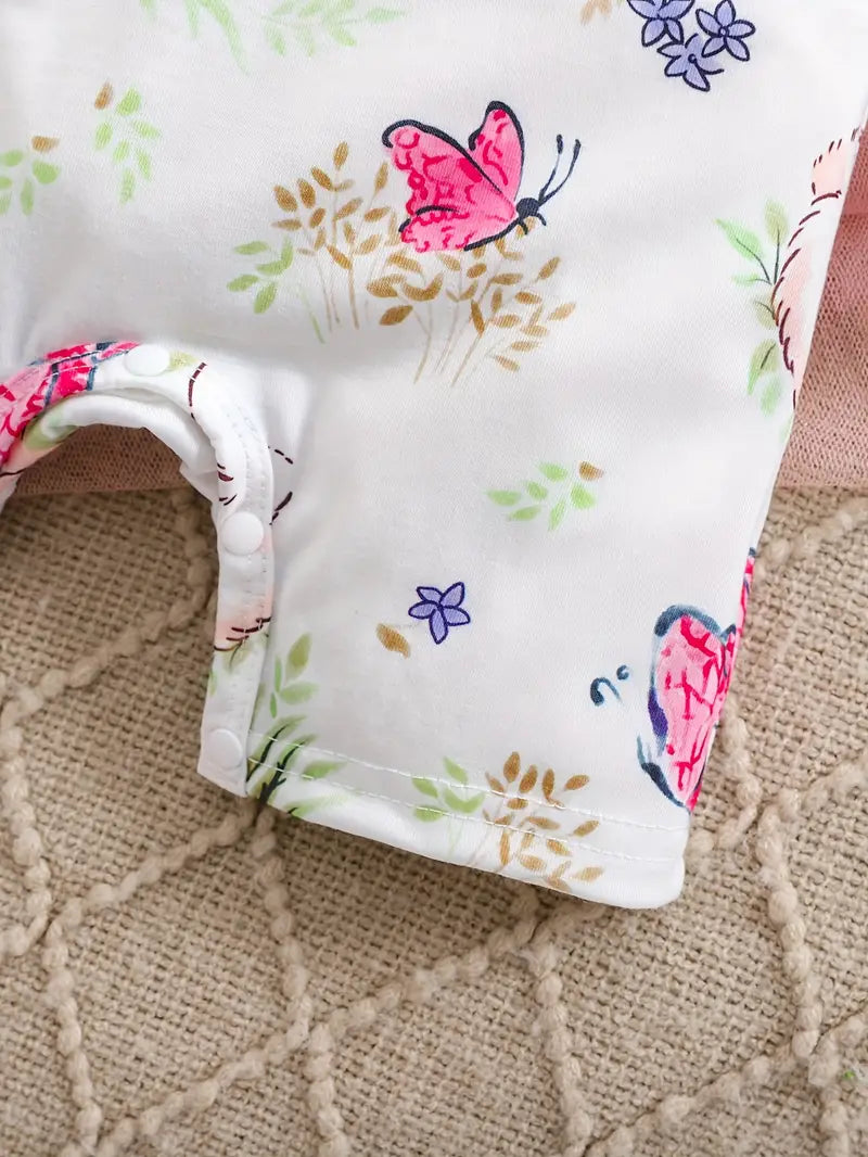 Adorable Bunny & Butterfly Cartoon Print Baby Bodysuit