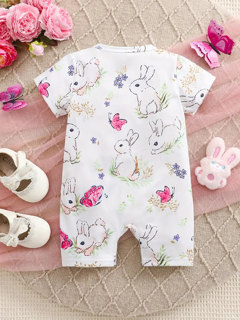 Adorable Bunny & Butterfly Cartoon Print Baby Bodysuit