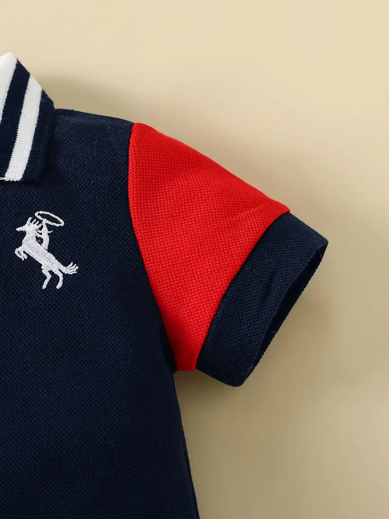 oys' Navy Blue Collar Jumpsuit with Embroidered Logo & Color Block Design