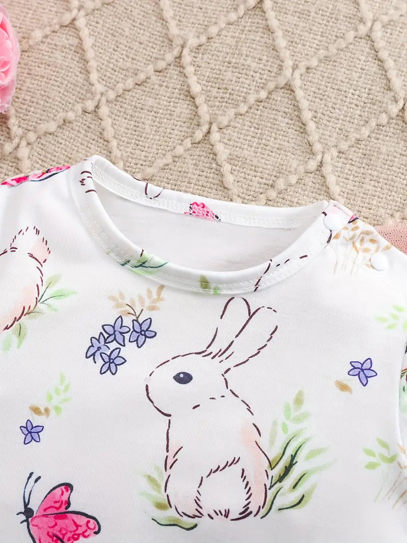 Adorable Bunny & Butterfly Cartoon Print Baby Bodysuit