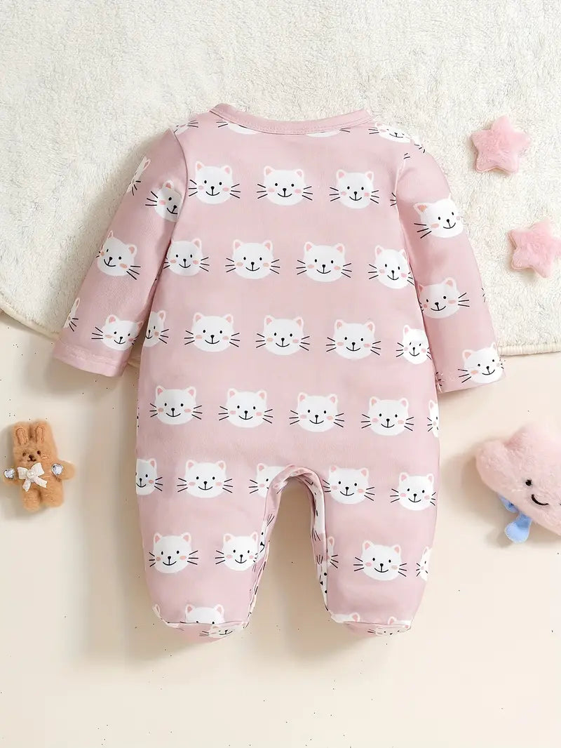 Adorable Pink Cat Print Baby Girl Onesie