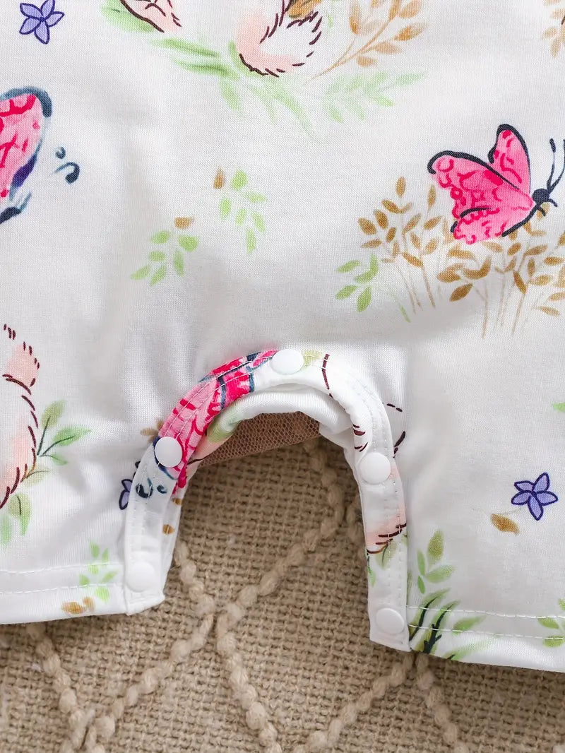 Adorable Bunny & Butterfly Cartoon Print Baby Bodysuit