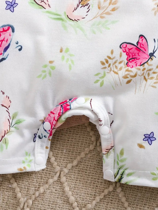 Adorable Bunny & Butterfly Cartoon Print Baby Bodysuit