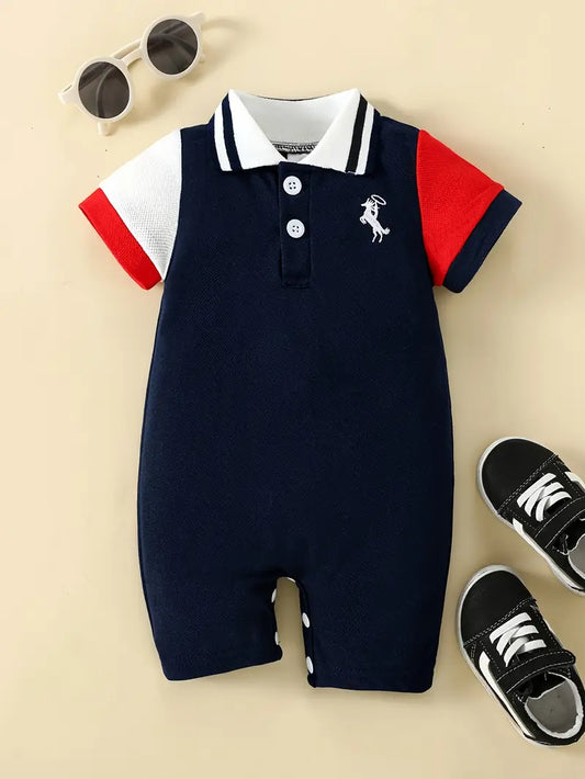 oys' Navy Blue Collar Jumpsuit with Embroidered Logo & Color Block Design