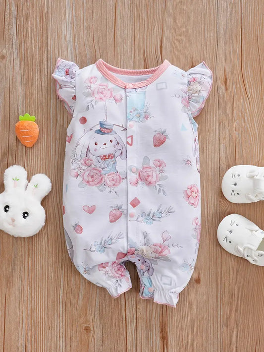 Baby Girl's Summer Romper - Cute Cartoon Rabbit & Floral Print with Flared Sleeves