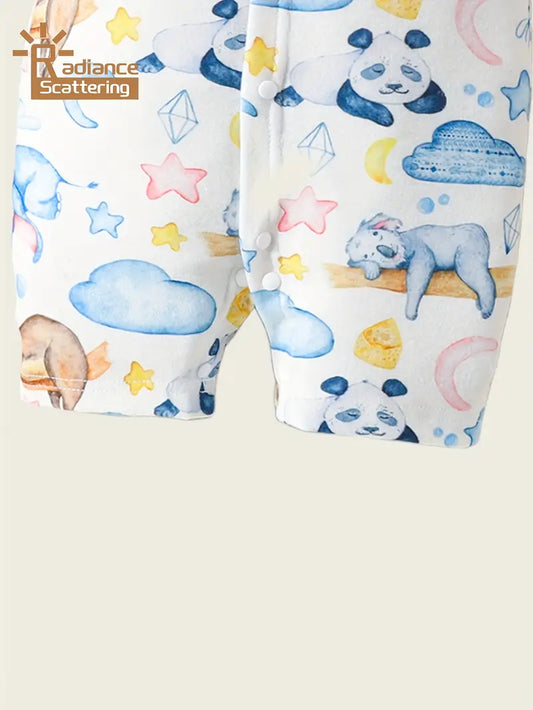 Cute Animal Print with Stars & Clouds, Soft Short-Sleeve Romper