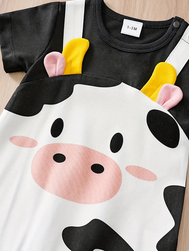 Newborn Short Sleeve Fake 2pcs Snap Crotch Ears Cute Cow Romper