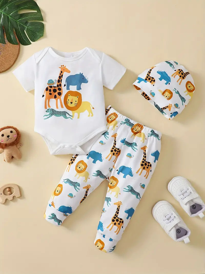 Three-piece Set with Cute Cartoon Animal Print