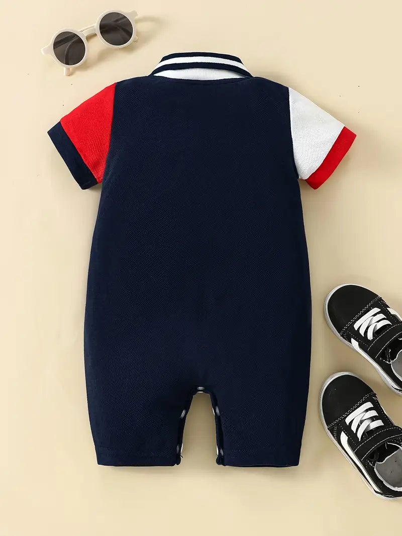 oys' Navy Blue Collar Jumpsuit with Embroidered Logo & Color Block Design