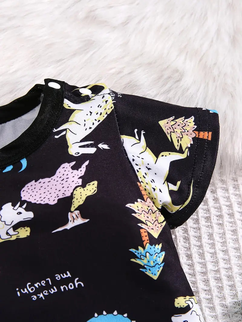 Black Dinosaur Paradise Knit Digital Print Short Sleeve Bodysuit