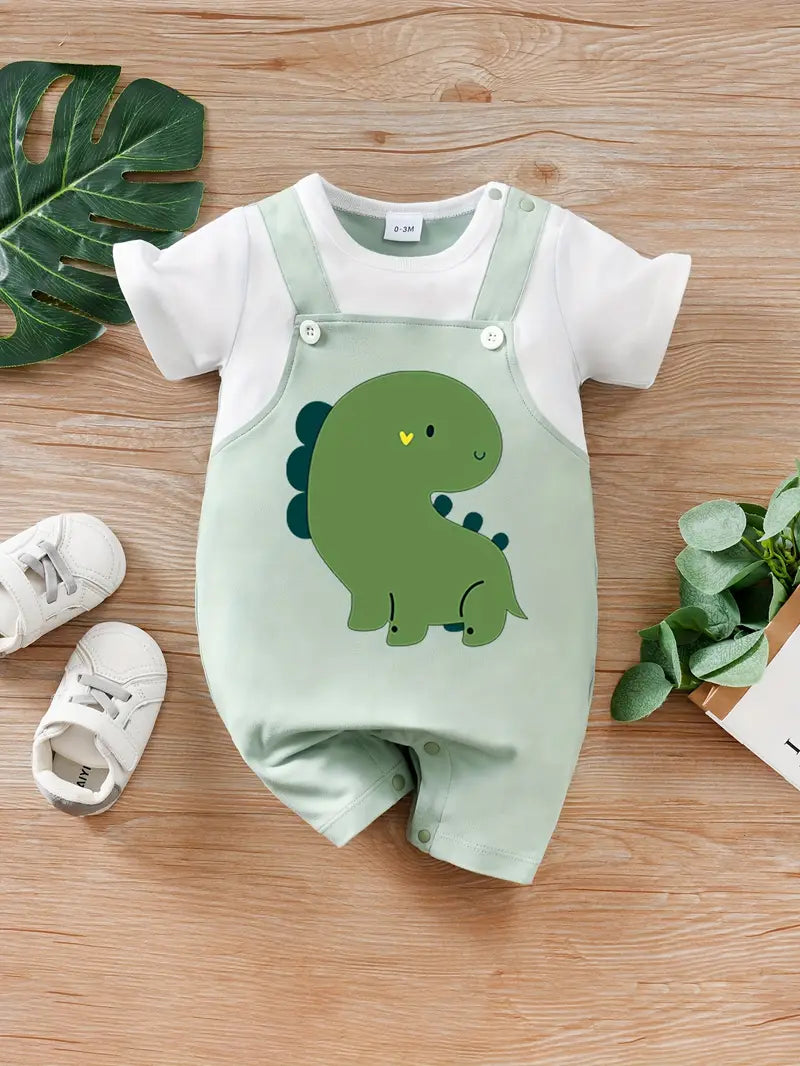 YIERYING Green Dinosaur Print Summer Romper for Kids