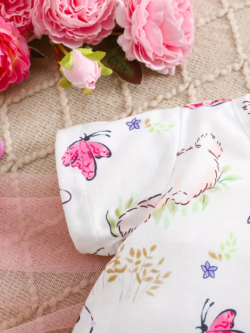 Adorable Bunny & Butterfly Cartoon Print Baby Bodysuit