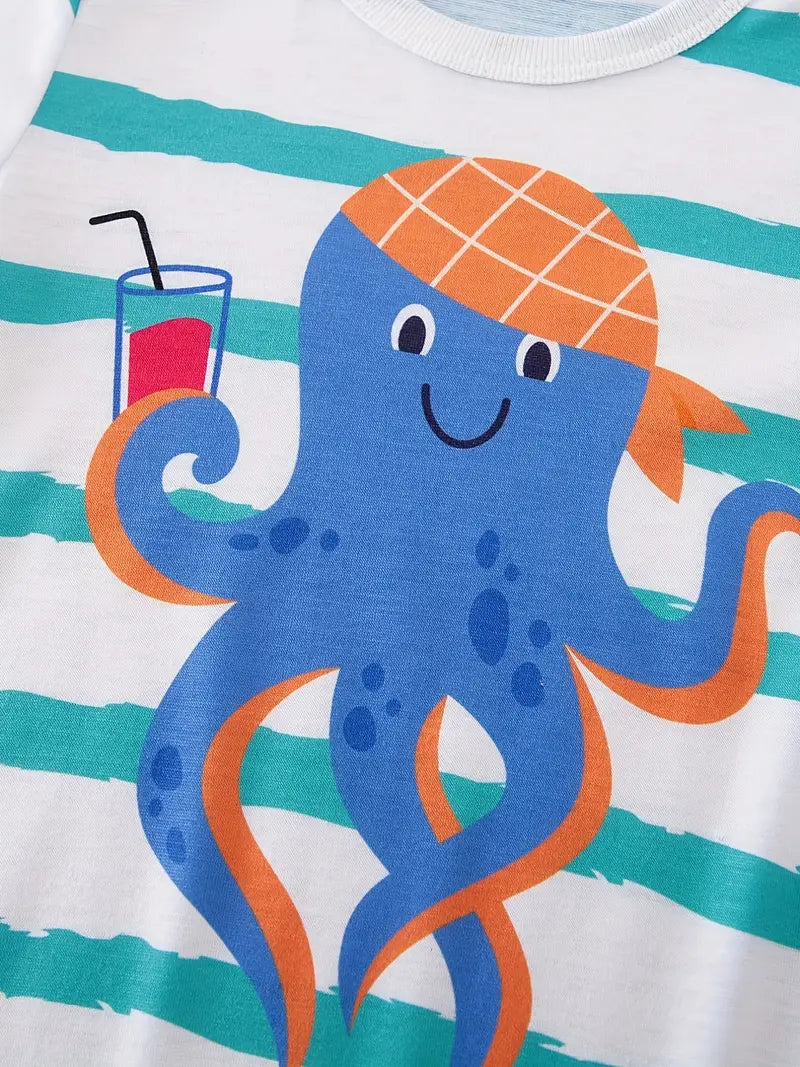 Cute Octopus Graphic Print Short Sleeve Romper Jumpsuit
