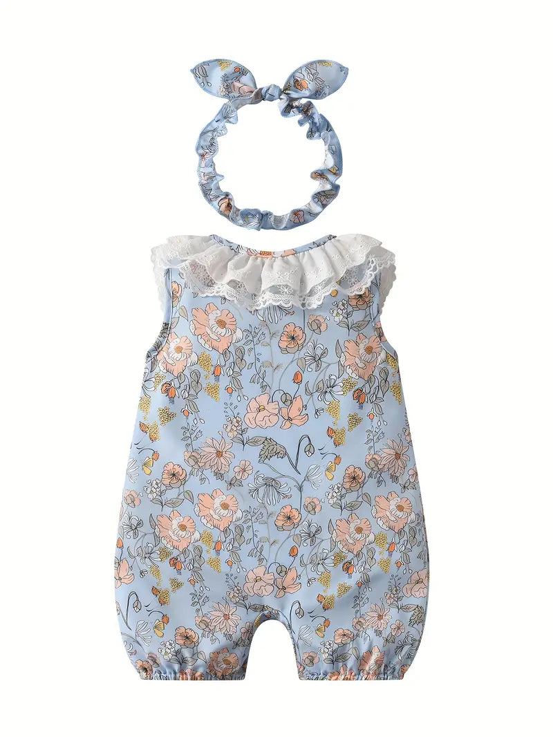 2pcs Summer Girls' Romper & Headband Set