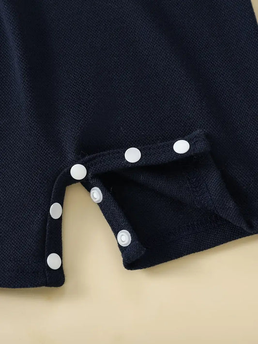 oys' Navy Blue Collar Jumpsuit with Embroidered Logo & Color Block Design