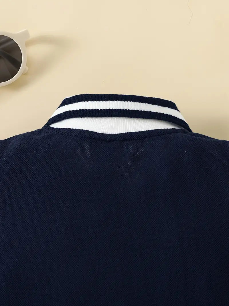 oys' Navy Blue Collar Jumpsuit with Embroidered Logo & Color Block Design