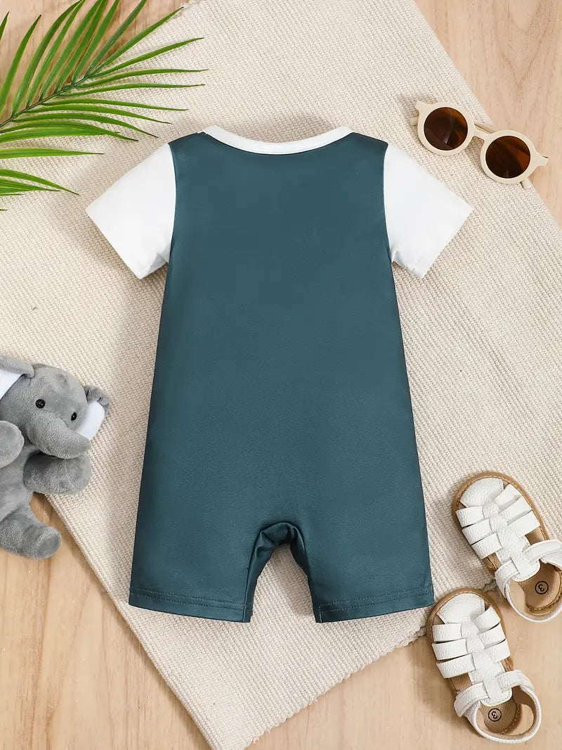 Elephant Print Faux Stitching Short Sleeve Flat Angle Body Suit